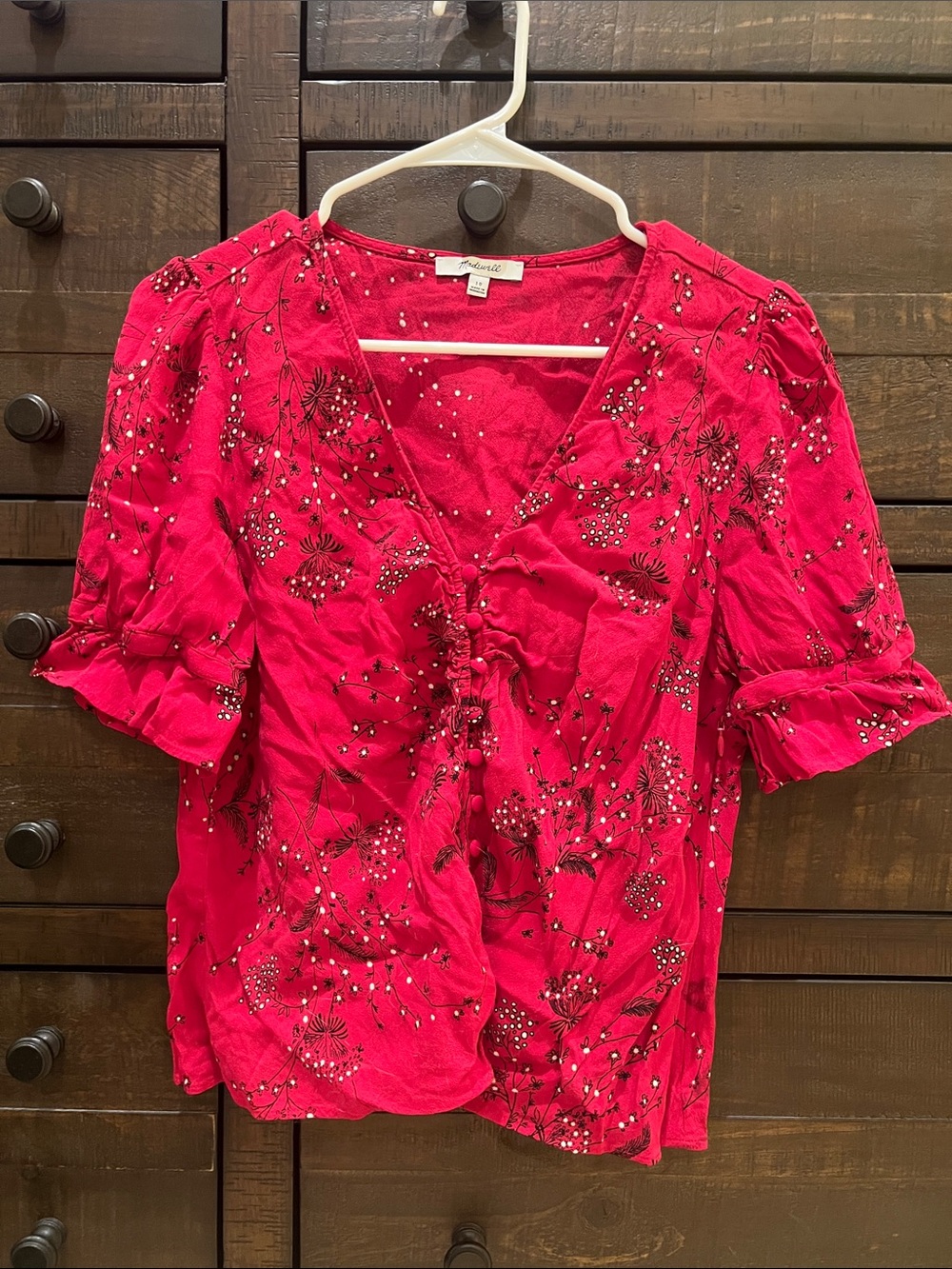 Madewell Bright Pink Floral V-Neck Ruffle Sleeve Blouse